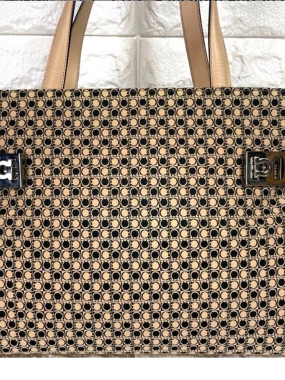 Salvatore Ferragamo Beige and Black Monogram Tote